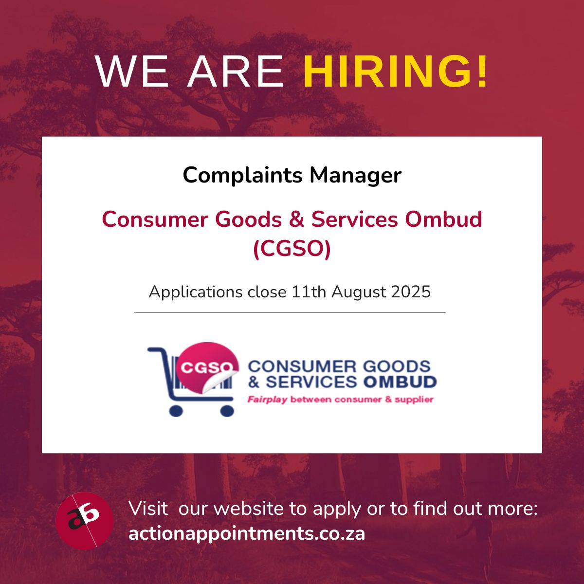actionappntmnts's tweet image. VACANCY! Action Appointments is recruiting a Complaints Manager for @cgsombud, based in Johannesburg, South Africa.

For more information, visit the link below:
actionappointments.co.za/vacancies/cons…

#Hiring #ComplaintsManager #ConsumerProtection #Mediation #DisputeResolution #Legal #CGSO