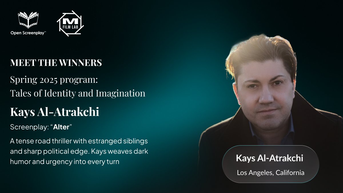 OpenScreenplay's tweet image. 🎉The Winner Kays Al-Atrakchi
📍Los Angeles, California
Born to a Middle‑Eastern family his work bridges cultures.🎬“Alter” dives into themes of identity and transformation, reflecting his own #bicultural journey. What unique sensibilities emerge when a writer straddles 2 worlds?
