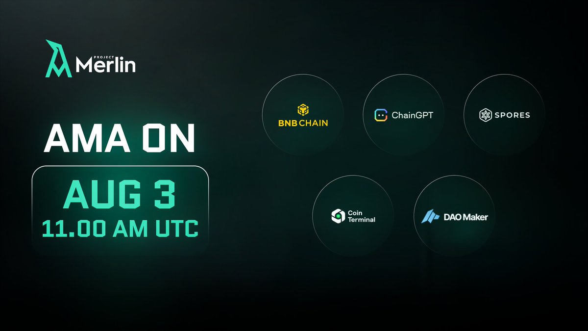 Project Merlin (@projectmerlinio) on Twitter photo 🚀 Project Merlin hosts a joint AMA with <a href="/BNBCHAIN/">BNB Chain</a>, <a href="/Chain_GPT/">ChainGPT</a>, <a href="/daomaker/">DAO Maker</a>, <a href="/CoinTerminalCom/">CoinTerminal</a>, and <a href="/Spores_Network/">Spores Network</a>!
We’ll explore Web3’s future and DAOs’ ecosystem impact.
💰 1,000 USDT Reward Pool
📌 Post questions in comments
🔔 Follow <a href="/ProjectMerlinio/">Project Merlin</a> to join
Don’t miss this 🚀 Project Merlin hosts a joint AMA with <a href="/BNBCHAIN/">BNB Chain</a>, <a href="/Chain_GPT/">ChainGPT</a>, <a href="/daomaker/">DAO Maker</a>, <a href="/CoinTerminalCom/">CoinTerminal</a>, and <a href="/Spores_Network/">Spores Network</a>!
We’ll explore Web3’s future and DAOs’ ecosystem impact.
💰 1,000 USDT Reward Pool
📌 Post questions in comments
🔔 Follow <a href="/ProjectMerlinio/">Project Merlin</a> to join
Don’t miss this