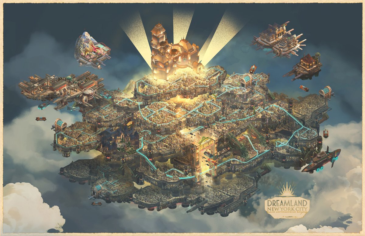 Dreamland is a sprawling cluster of islands stitched together under the rule of Marm Weiss.  From lavish casinos to makeshift markets, every corner tells a story in Aether &amp; Iron. #AetherAndIron #IndieGame #Dreamland