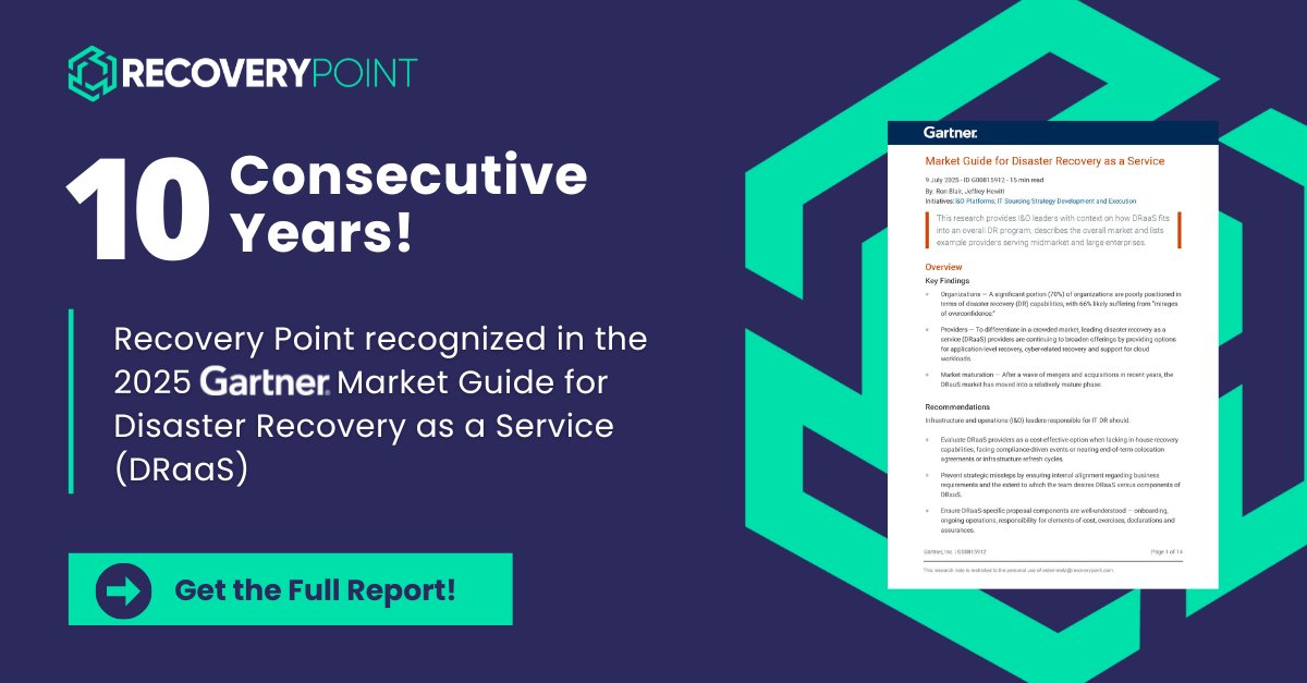 In case you missed it, Recovery Point’s recognition in Gartner’s 2025 DRaaS Market Guide marks 10 consecutive years of Gartner recognition for Disaster Recovery leadership! Download a copy here: loom.ly/pVtyx6s  

#CyberResilience #DataProtection #DRaaS #Gartner
