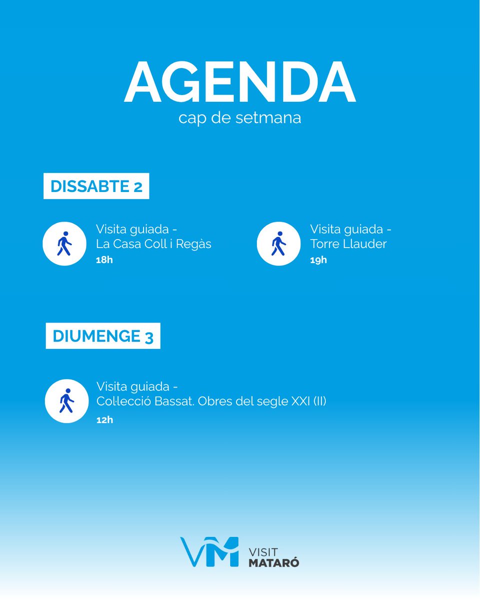 🗓️ AGENDA DEL CAP DE SETMANA 🗓️

Gaudeix de Mataró tranquil·lament visitant els seus monuments i museus més importants: la Casa Coll i Regàs, la Torre Llauder i la Col·lecció Bassat! 🏛️🖼️

👉🏼 Omple't de la cultura mataronina!

🔗 visitmataro.cat/ca/agenda-2

#VisitMataró