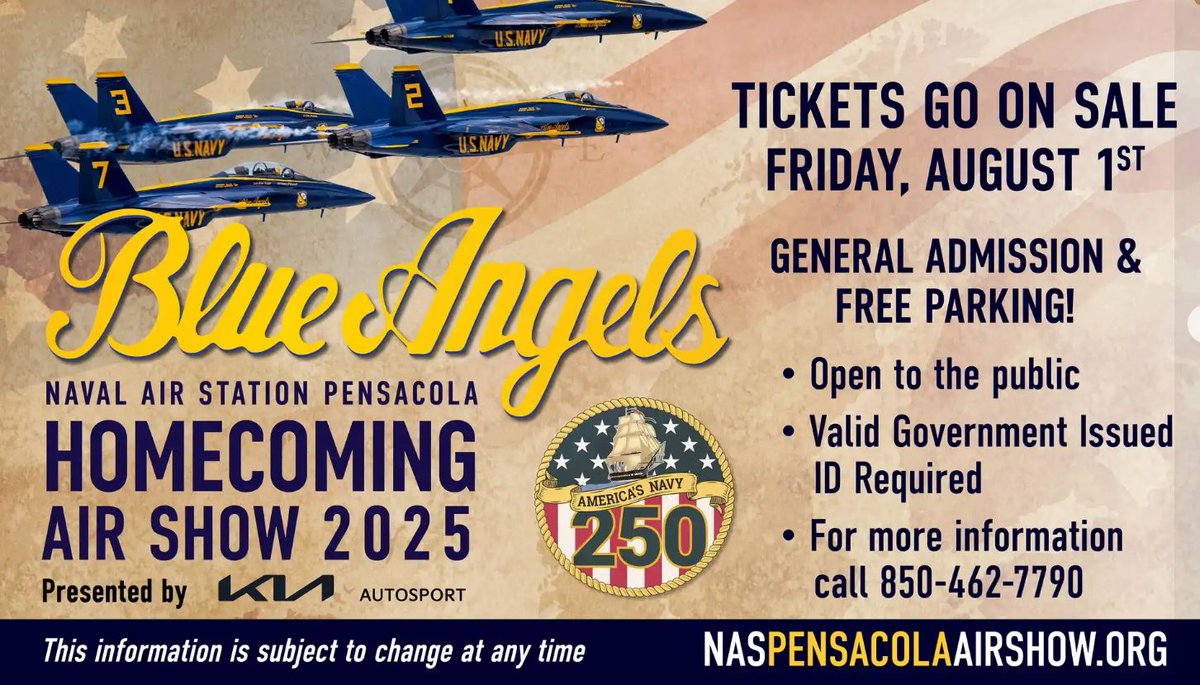 Mark your calendars for the 2025 Blue Angels Homecoming Airshow at NAS Pensacola Nov. 7-8! Enjoy a day of high-flying fun. Reserved seating tickets go on sale Aug. 1 at 11 a.m. CST. General admission and parking are free!  Visit naspensacolaairshow.org #Navy250 #AirShow2025