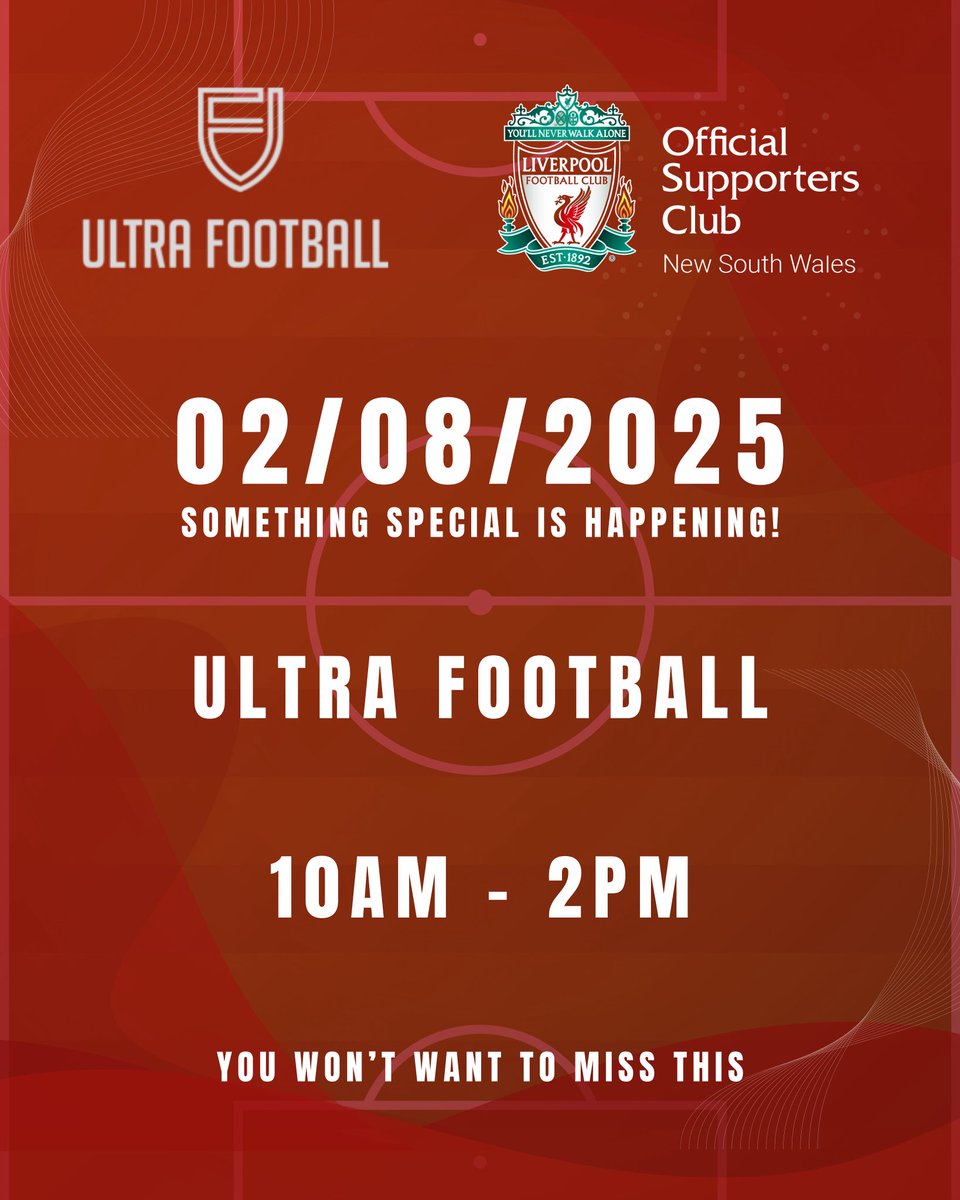 LFC NSW (@lfcnswofficial) on Twitter photo NSW, something special is coming 👀
We're teaming up with <a href="/ultrafootballau/">Ultra Football</a> for an event this Saturday 2nd August.
📍 Ultra Football
🕙 10am – 2pm
Be there when it happens.
You won’t want to miss this.
More to be revealed tomorrow... 🔴 NSW, something special is coming 👀
We're teaming up with <a href="/ultrafootballau/">Ultra Football</a> for an event this Saturday 2nd August.
📍 Ultra Football
🕙 10am – 2pm
Be there when it happens.
You won’t want to miss this.
More to be revealed tomorrow... 🔴