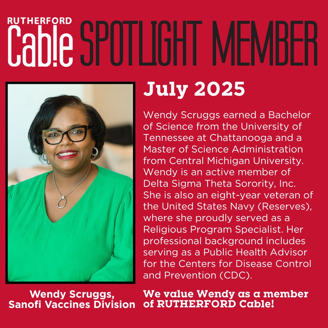 ✨ Member Spotlight: Wendy Scruggs
With years of experience in public health and pharma, Wendy now works in the vaccines field. She’s passionate about empowering underserved communities.
Learn more at rutherfordcable.org
#rutherfordcable #movingwomenforward