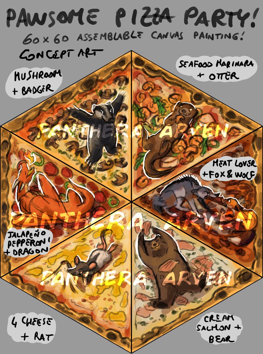 IT BEGINSSSSS 👀❤️🍕
Updated concept art of the pizza painting! Thank you for all your suggestions! Here is a sneak peek of the flavors &amp; animals that are going to be on the pizza :D I hope you like them!
I can't wait to start painting this one, ahhh :D