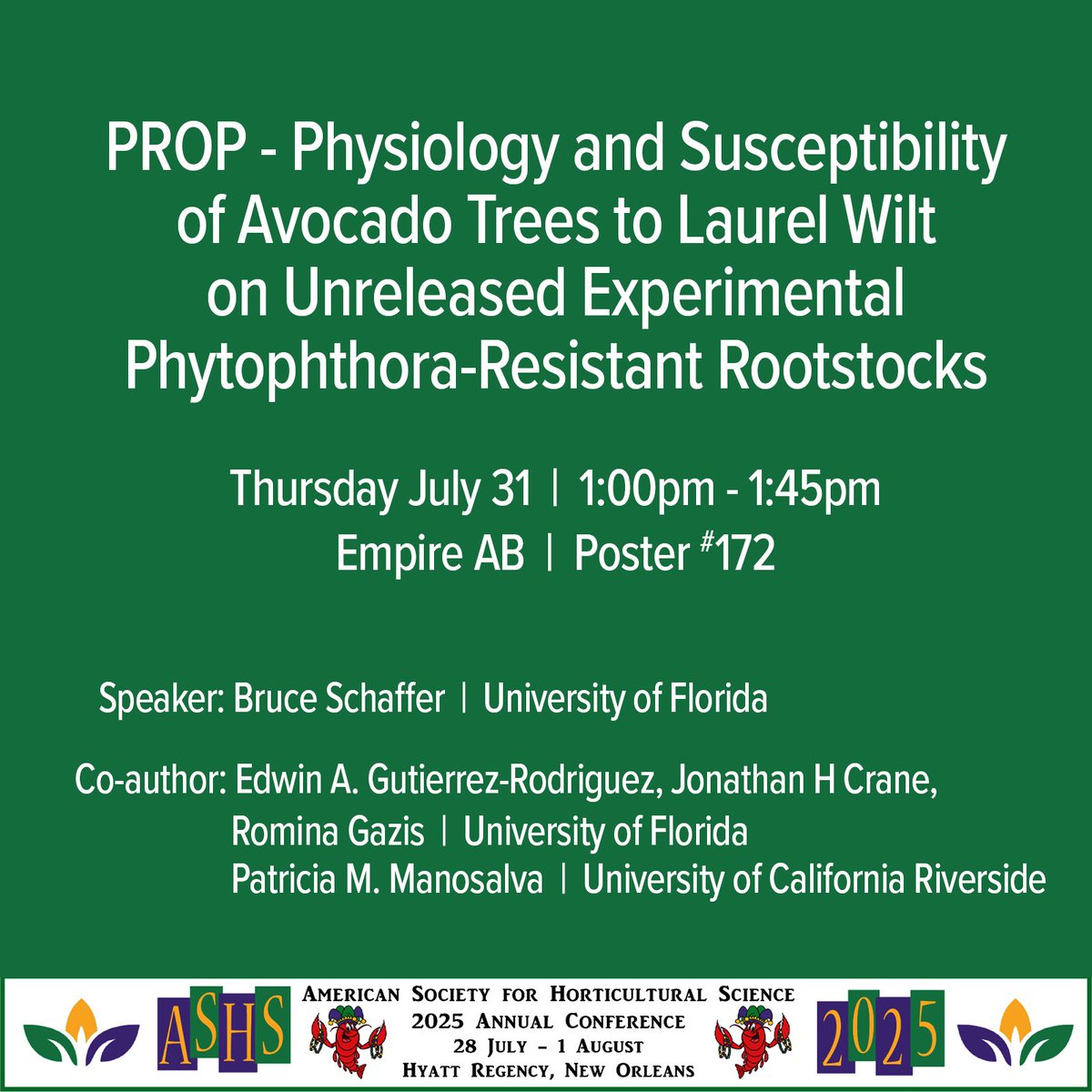 Check out this poster on the physiology &amp; laurel wilt susceptibility of experimental Phytophthora-resistant# avocado #rootstocks—featuring promising tolerance in key combinations. The future of disease-resilient avocado production. #ASHS2025 #PlantScience #horticulture <a href="/ASHS_Hort/">ASHS</a>
