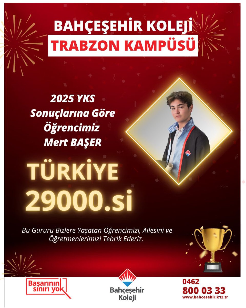 YKS’de Rekor Başarı🏆💫

2025 YKS sonuçlarına göre öğrencimiz Mert Başer Türkiye 29000.si oldu.👏🏻👏🏻👏🏻👏🏻

Bu gurur bizlere yaşatan öğrencimizi, ailesini ve öğretmenlerimizi tebrik ederiz.

#Bahcesehirkoleji