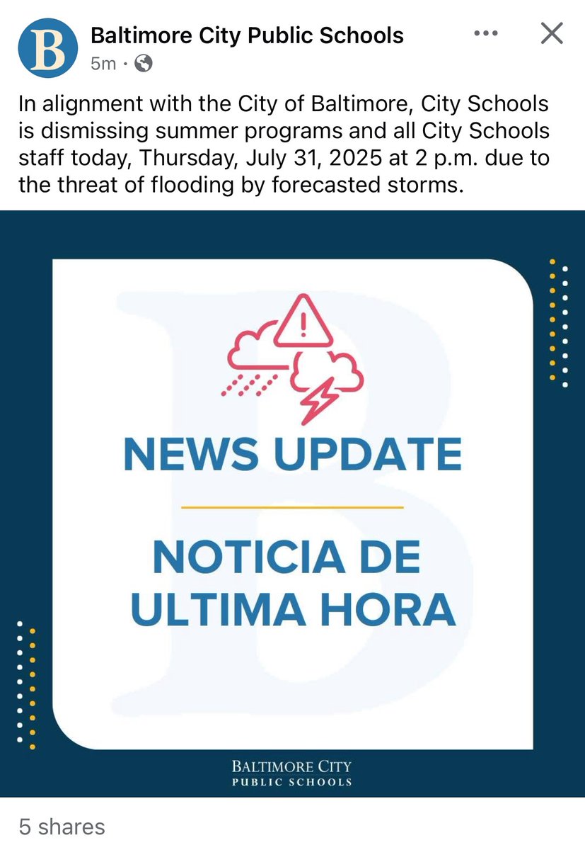 In alignment with the City of Baltimore, City Schools is dismissing summer programs and all City Schools staff today, Thursday, July 31 at 2pm due to the threat of flooding by forecasted storms.

#BaerStrong <a href="/BaltCitySchools/">Baltimore City Public Schools</a>
<a href="/SwintonBuck/">Dr. Double 👀</a> <a href="/EdSindaco/">Eduardo Sindaco, Ed.D.</a>