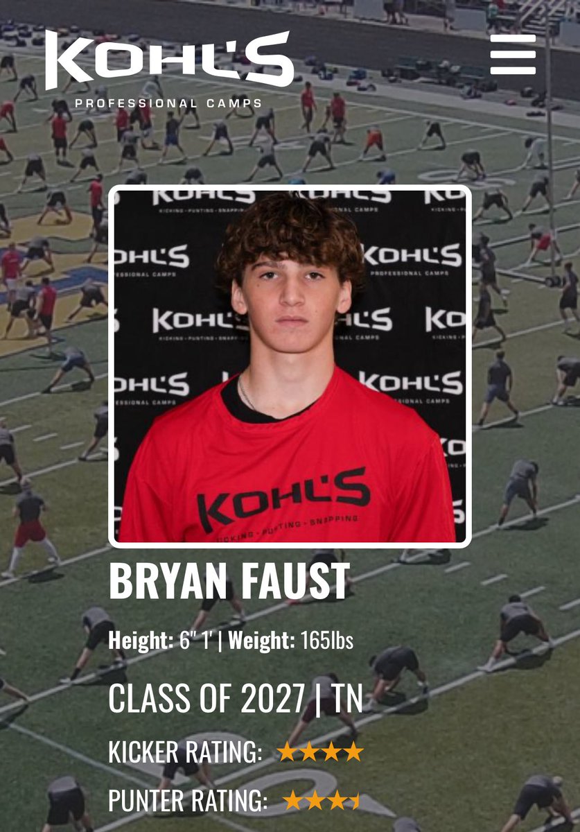 BryanFaust52917's tweet photo. After the national scholarship camp with @KohlsKicking I have been ranked as a 4⭐️ kicker and a 3.5⭐️ punter. I’m beyond blessed and excited for the upcoming season!

@coach_harries @KohlsHighlights @wcsRHSfootball @wcsRHSstrength @_CoachRodriguez @JamesWilhoit25 https://t.co/FtGGPJ0A0V