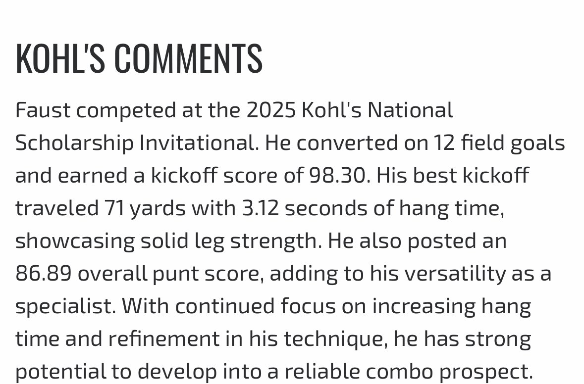 After the national scholarship camp with <a href="/KohlsKicking/">Kohl's Kicking Camps</a> I have been ranked as a 4⭐️ kicker and a 3.5⭐️ punter. I’m beyond blessed and excited for the upcoming season!

<a href="/coach_harries/">David Harries</a> <a href="/KohlsHighlights/">Kicking, Punting, Long Snapping Highlights</a> <a href="/wcsRHSfootball/">Ravenwood Football 🦅</a> <a href="/wcsRHSstrength/">Raptor Strength & Speed</a> <a href="/_CoachRodriguez/">Ricky Rodriguez</a> <a href="/JamesWilhoit25/">James Wilhoit</a>