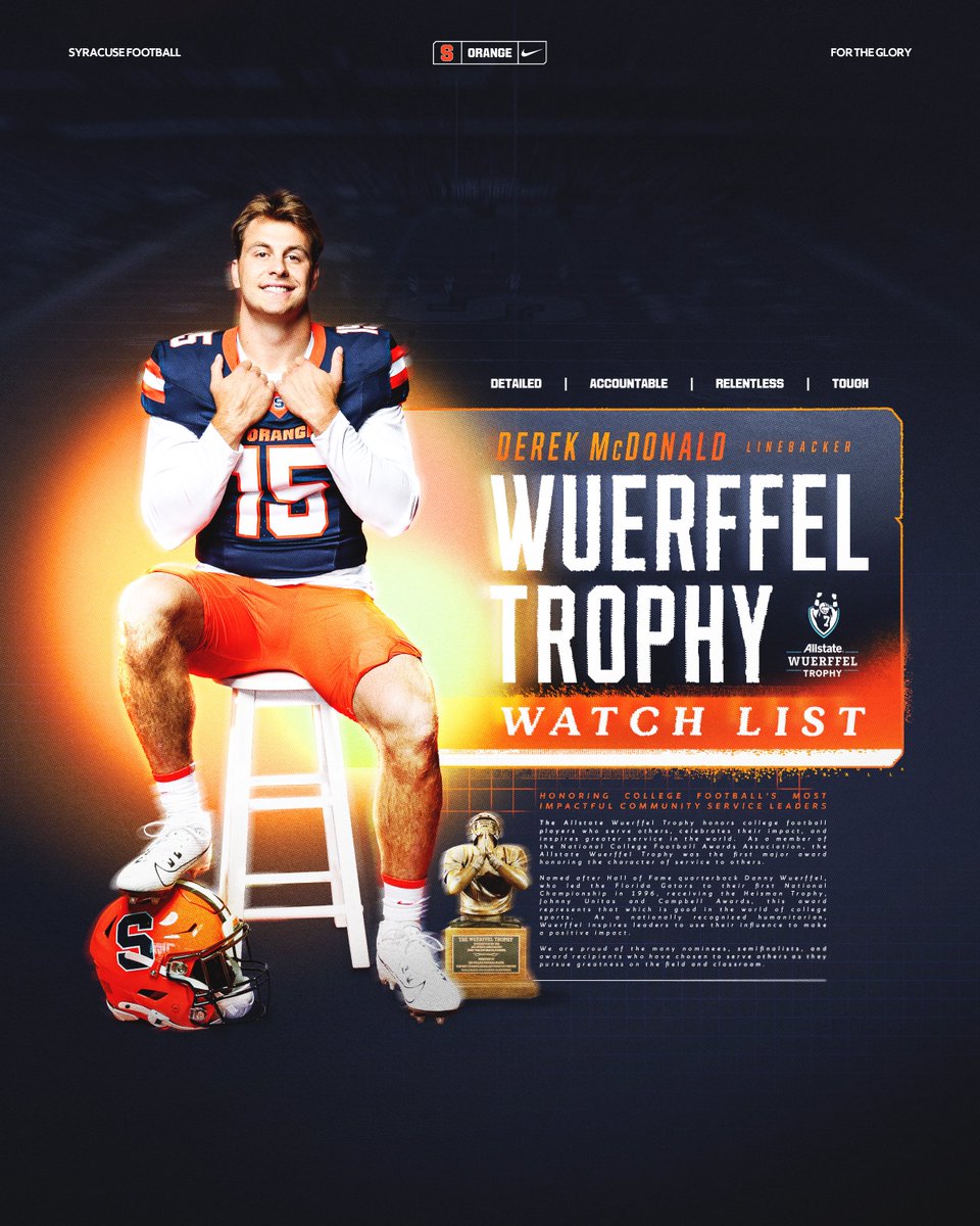 Derek McDonald  has been named to the Allstate Wuerffel Trophy Watch List! 

The Allstate Wuerffel Trophy is presented to the FBS player who best combines exemplary community service with leadership achievement on and off the field.

<a href="/derekmcd21/">Derek McDonald</a> <a href="/WuerffelTrophy/">Allstate Wuerffel Trophy</a>