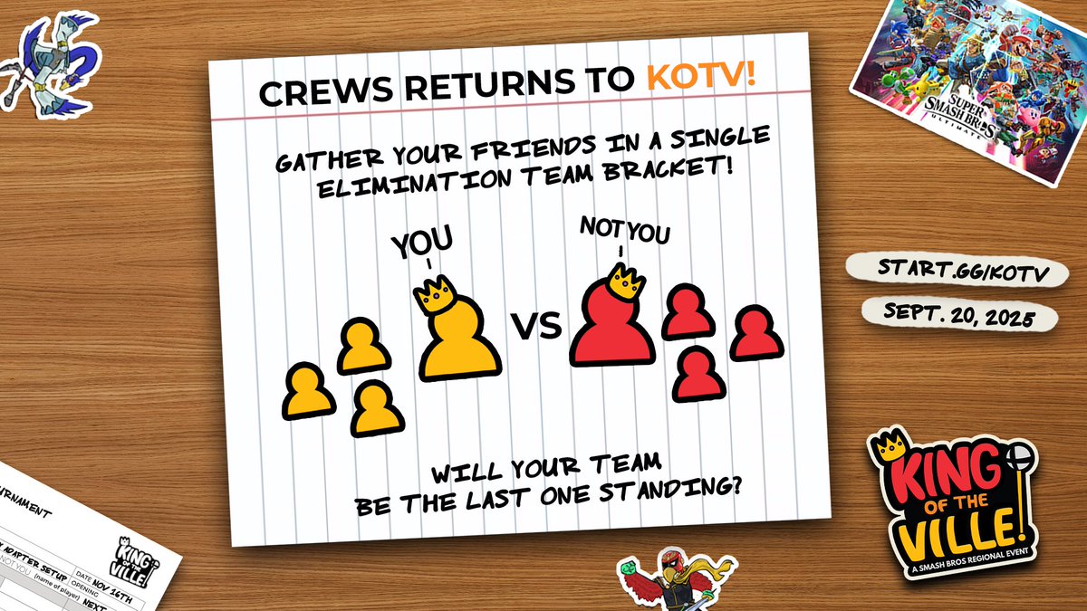 Crews makes it return at King of the Ville 2025!

Join up with 3 of your friends and take on other teams until you’re the last ones standing!

Reg increases NEXT WEEK and with over 140 others regged already, this is an event you don’t want to miss!

🗓️Sept 20
📍Lancaster, PA
🔗👇