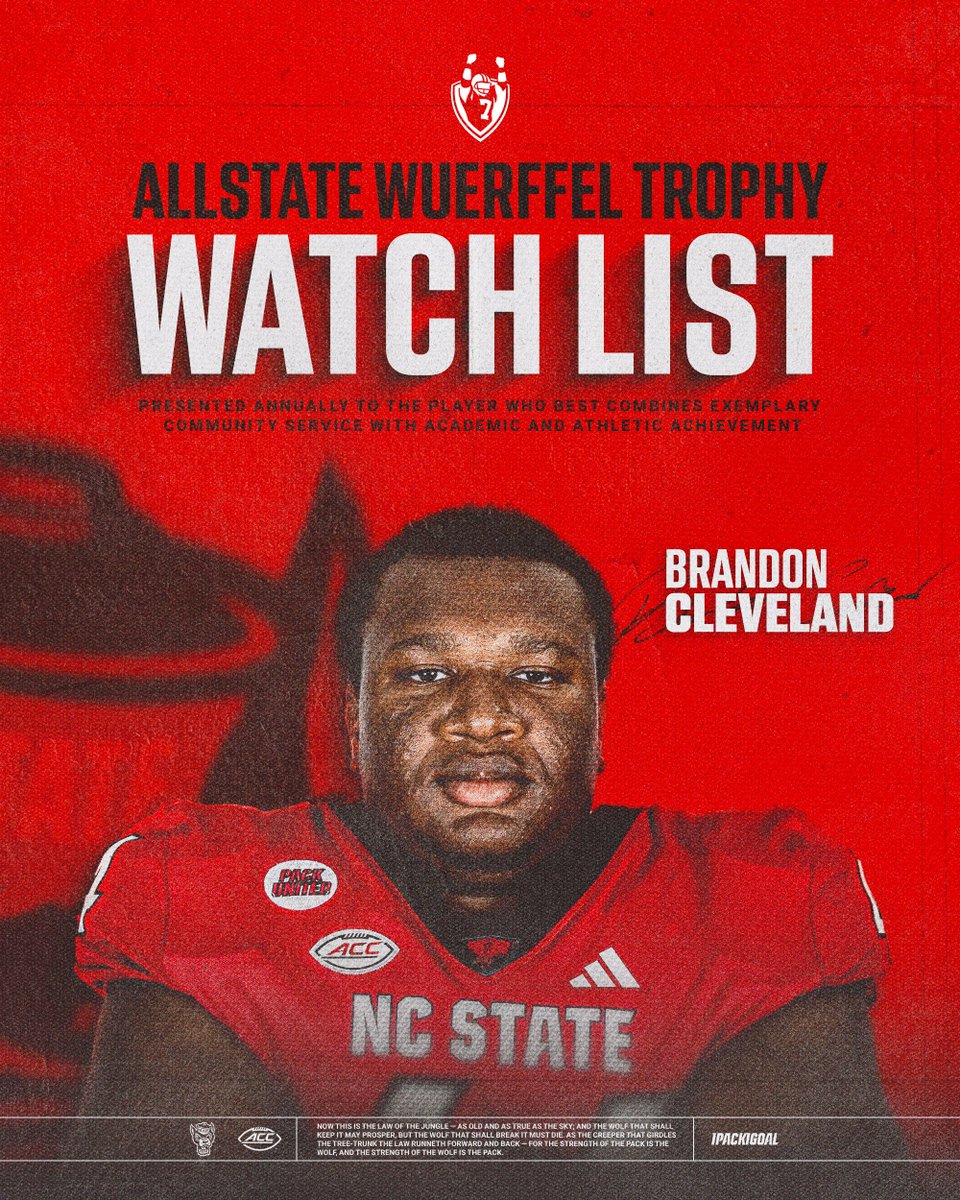 NC State Football (@packfootball) on Twitter photo Making a difference in the community.
Brandon Cleveland has been named to the <a href="/WuerffelTrophy/">Allstate Wuerffel Trophy</a> Watch List for the second straight season. 
📰: tinyurl.com/264hffb3 Making a difference in the community.
Brandon Cleveland has been named to the <a href="/WuerffelTrophy/">Allstate Wuerffel Trophy</a> Watch List for the second straight season. 
📰: tinyurl.com/264hffb3