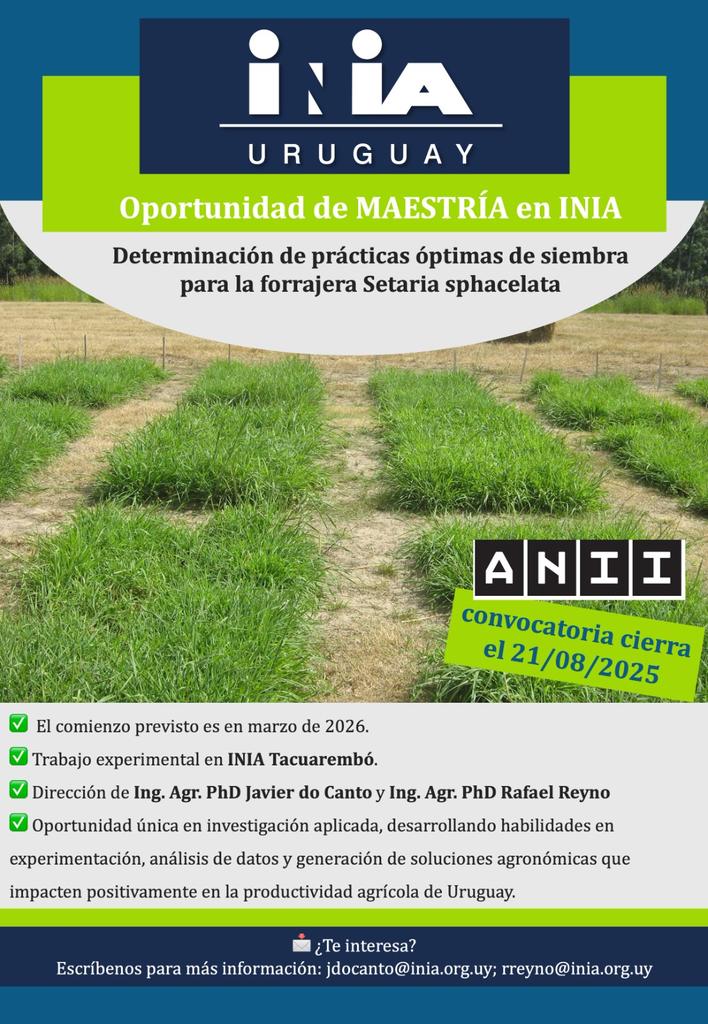 🌱 Oportunidad de tesis de Maestría en Ciencias Agrarias – INIA Uruguay
¿Te interesa la investigación aplicada en sistemas forrajeros? Buscamos estudiante para trabajar en la determinación de prácticas óptimas de siembra para la forrajera Setaria sphacelata (cv INIA Esbelta).