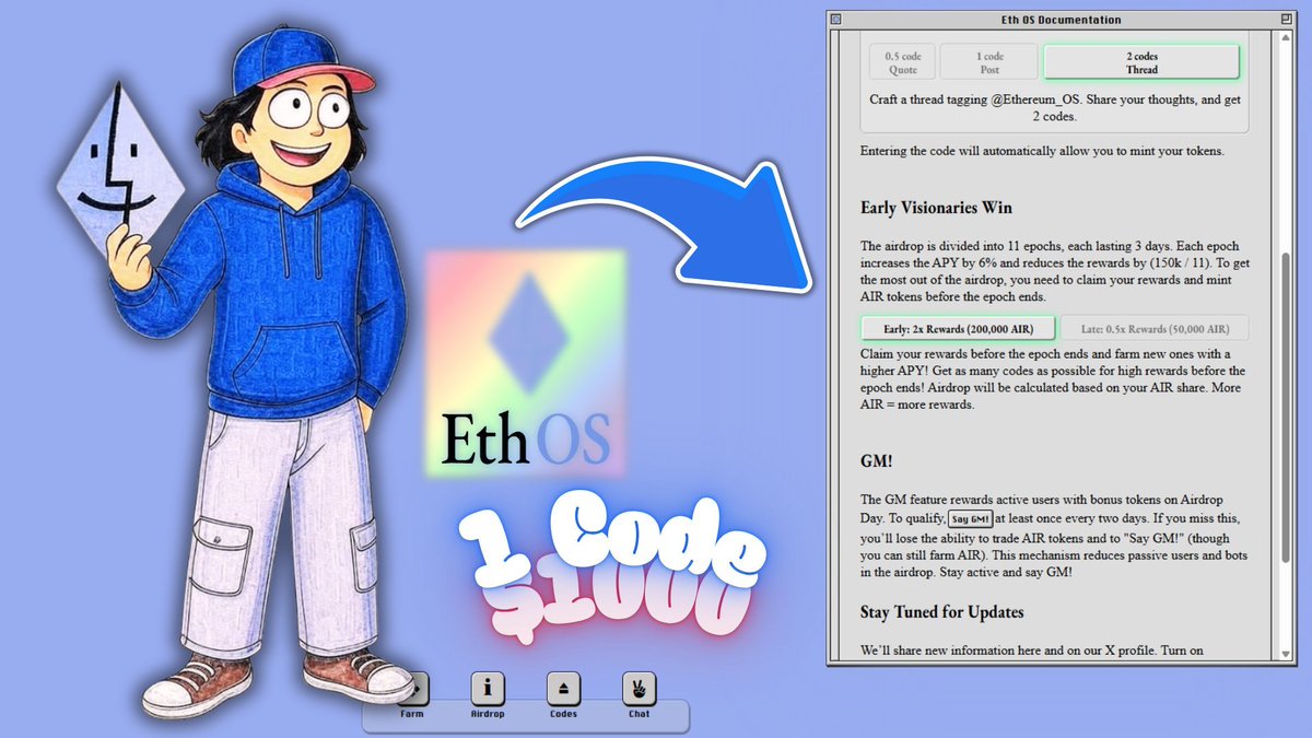 Get to know <a href="/Ethereum_OS/">Eth OS</a>

It's the first-of-its-kind social DeFi sandbox, a place where you can create, trade, and participate all in one unified ecosystem.

They're currently running a gamified airdrop to get their $AIR token. The rumor is 1 code = $1000?
Lfg 
#Ethereum #crypto