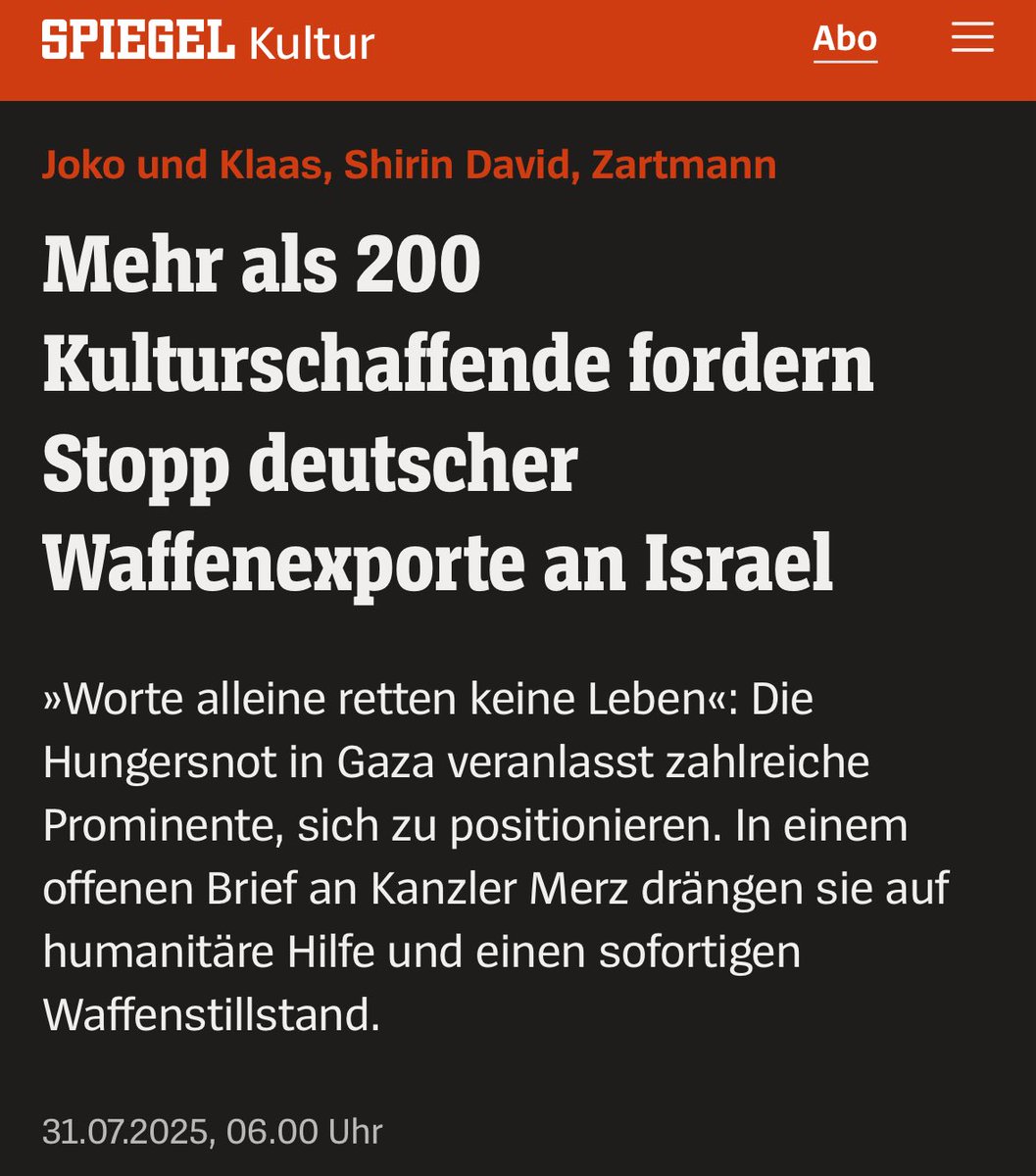 Hej, "Kulturschaffende", ihr habt da was vergessen. Ich helfe euch mal auf die Sprünge:

* Kapitulation der Hamas
* Freilassung der am 7. Oktober entführten Geiseln
• Stopp der Handelsaktivitäten mit dem Iran als Mitinitiator (nicht nur) des 7. 10.2023 

Gern geschehen!