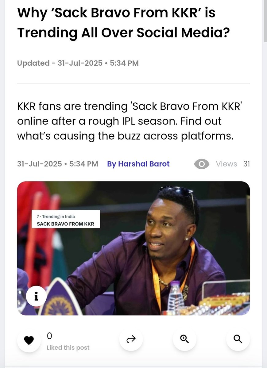SED KKR FAN (@kirketxpert) on Twitter photo Zee News✅️
One Cricket✅️
Cricket Gully✅️
Already covered by 3 News portals including one National outlet. The trend should not be stopped. We need <a href="/timesofindia/">The Times Of India</a> <a href="/htTweets/">Hindustan Times</a> <a href="/the_hindu/">The Hindu</a> <a href="/ESPNcricinfo/">ESPNcricinfo</a> <a href="/cricbuzz/">Cricbuzz</a> to also cover the trend.
SACK BRAVO FROM KKR. Zee News✅️
One Cricket✅️
Cricket Gully✅️
Already covered by 3 News portals including one National outlet. The trend should not be stopped. We need <a href="/timesofindia/">The Times Of India</a> <a href="/htTweets/">Hindustan Times</a> <a href="/the_hindu/">The Hindu</a> <a href="/ESPNcricinfo/">ESPNcricinfo</a> <a href="/cricbuzz/">Cricbuzz</a> to also cover the trend.
SACK BRAVO FROM KKR.