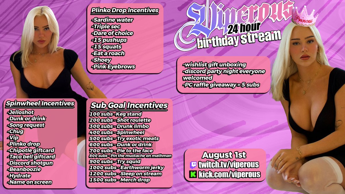 24 hour birthday stream (tomorrow august 1st) 7:30-8pm est ──★ ˙🍓 ̟ !!  hope to see u there
twitch.tv/viperous