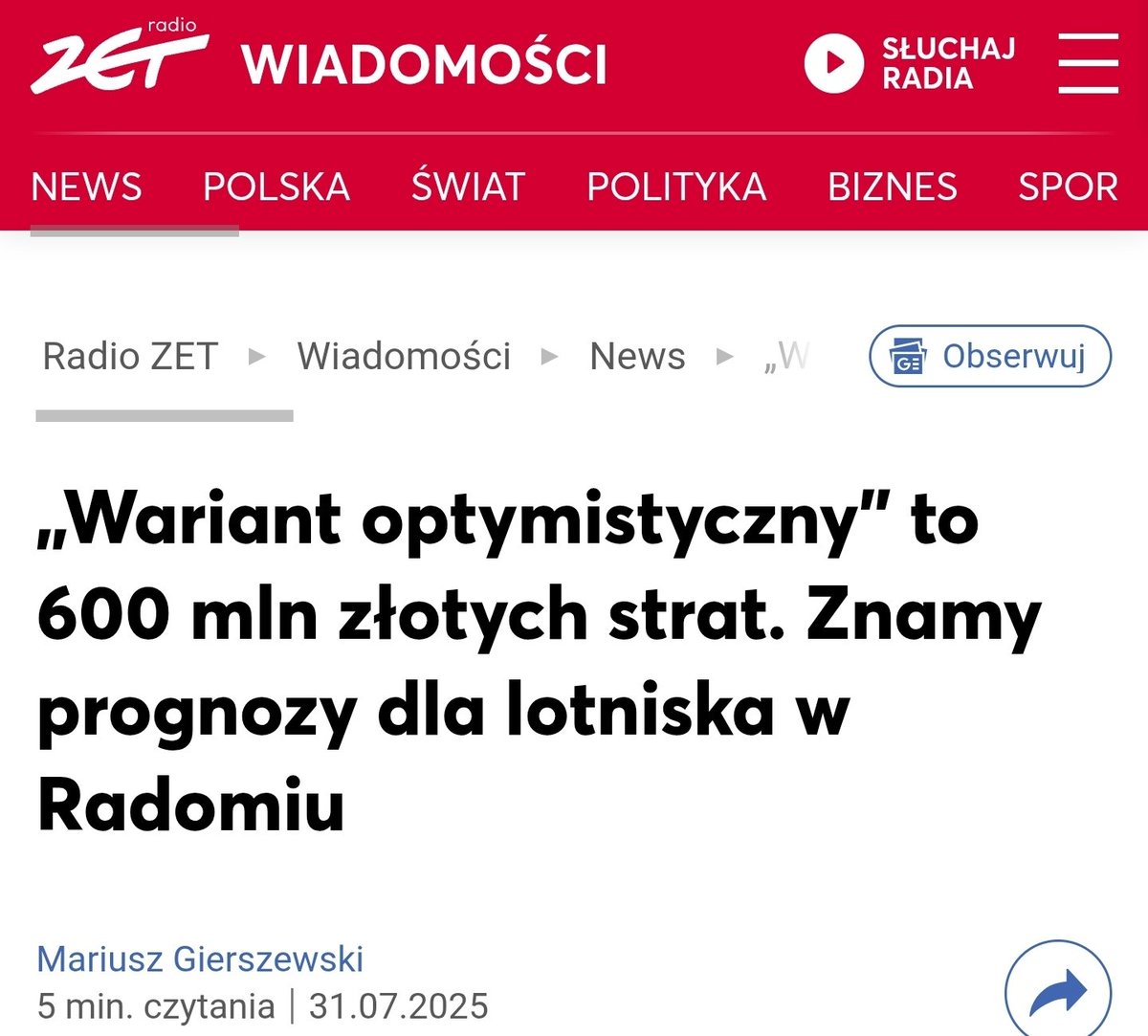 Paweł Czekalski 🇪🇺🇨🇭 #FBPE (@czekalskipawe) on Twitter photo Z audytu lotniska w #Radom wynika, że w wariancie optymistycznym do 2032 r. przyniesie ono co najmniej 600 mln zł strat a w pesymistycznym wariancie dziesięcioletni koszt  kontynuacji portu zbliży się aż do 800 mln zł strat❗️ Z audytu lotniska w #Radom wynika, że w wariancie optymistycznym do 2032 r. przyniesie ono co najmniej 600 mln zł strat a w pesymistycznym wariancie dziesięcioletni koszt  kontynuacji portu zbliży się aż do 800 mln zł strat❗️