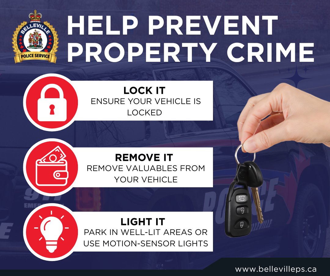 🚗 Lock your vehicles 🚗 

The Belleville Police Service is reminding residents to lock their vehicles and remove all valuables after several recent overnight thefts from parked cars.

Let’s work together to prevent crime.