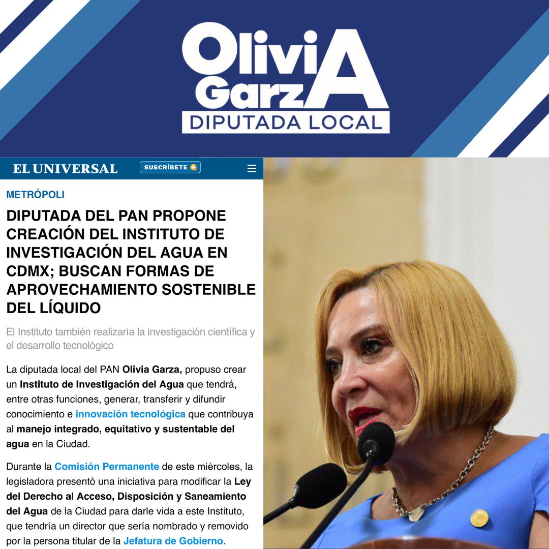 Diputada del PAN propone creación del Instituto de Investigación del Agua en CDMX; buscan formas de aprovechamiento sostenible del líquido eluniversal.com.mx/metropoli/dipu…