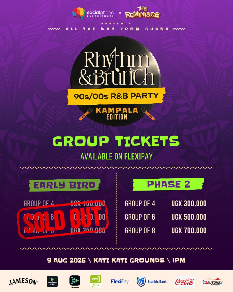All early bird offers are fully sold, and today, the group early bird offers sold out too.

Visit Flexypay now &amp; secure the remaining Group tickets ASAP, because the Rhythm &amp; Brunch edition of the #GrownFolksPlayground is less than 10 days away!

#TheReminisceUG #NBSMusicUG
