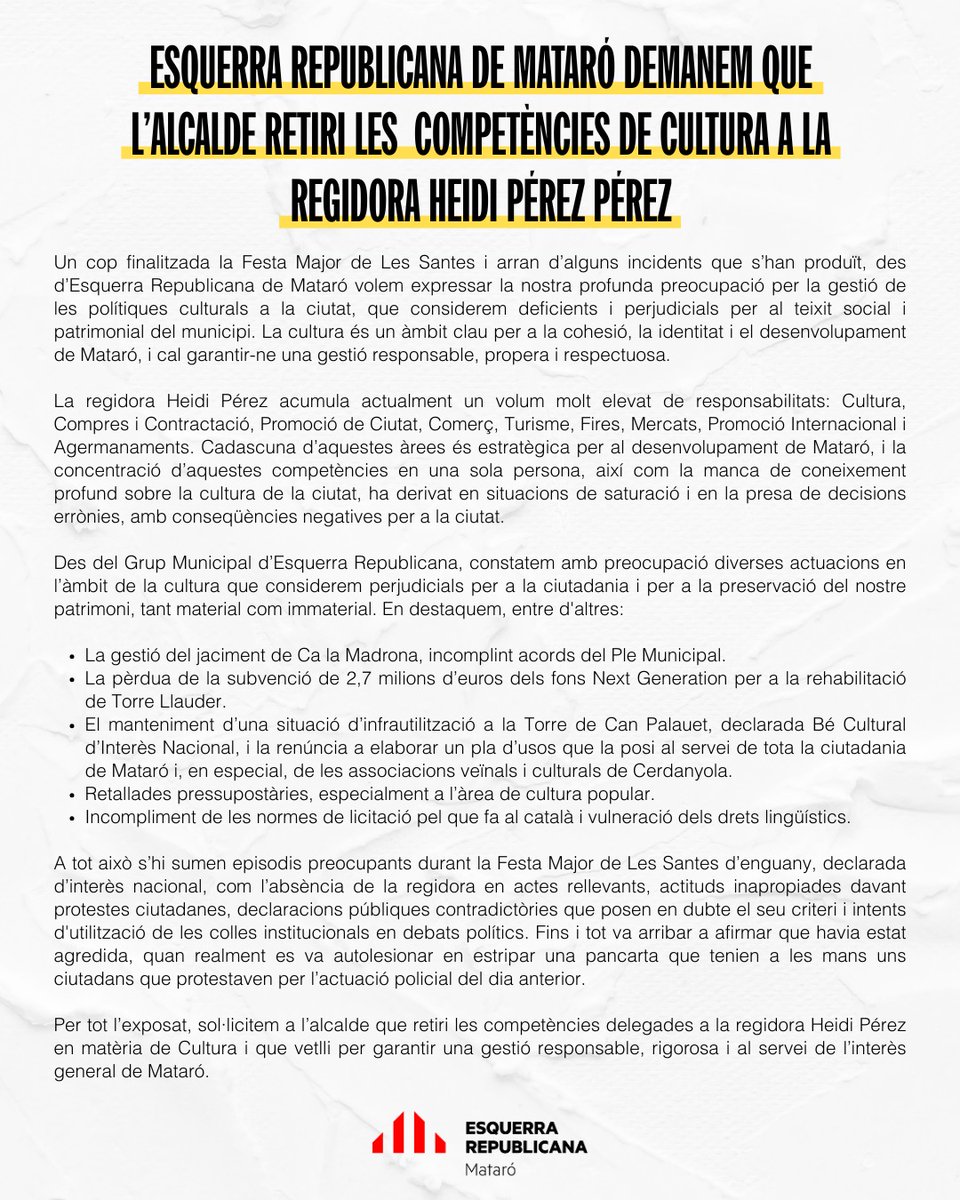 Esquerra Mataró ERC (@ercmataro) on Twitter photo 🔴 Des d’<a href="/ercmataro/">Esquerra Mataró ERC</a> demanem a l’alcalde que retiri les competències de Cultura a la regidora Heidi Pérez. La gestió cultural actual és deficient i perjudica el patrimoni i el teixit social de la ciutat.
📄 Llegeix aquí:
locals.esquerra.cat/mataro/article… 🔴 Des d’<a href="/ercmataro/">Esquerra Mataró ERC</a> demanem a l’alcalde que retiri les competències de Cultura a la regidora Heidi Pérez. La gestió cultural actual és deficient i perjudica el patrimoni i el teixit social de la ciutat.
📄 Llegeix aquí:
locals.esquerra.cat/mataro/article…