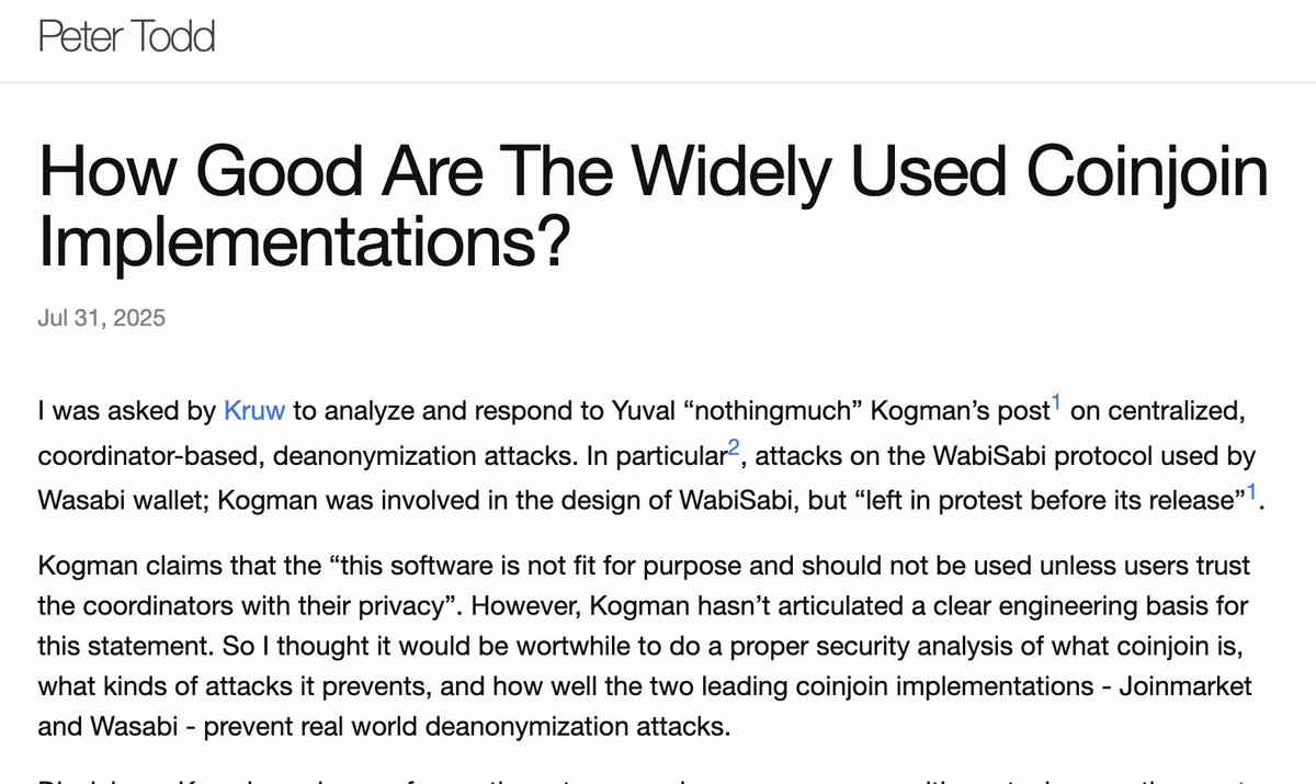 bitcoin++ (@btcplusplus) on Twitter photo Peter Todd <a href="/peterktodd/">Peter Todd</a> just released his report on Coinjoin privacy ahead of his talk at our event in Riga next week where he'll be speaking about it (link in next post)
Is there a flaw in Wasabi's privacy model? Peter digs into common privacy heuristics and gives an overview of Peter Todd <a href="/peterktodd/">Peter Todd</a> just released his report on Coinjoin privacy ahead of his talk at our event in Riga next week where he'll be speaking about it (link in next post)
Is there a flaw in Wasabi's privacy model? Peter digs into common privacy heuristics and gives an overview of