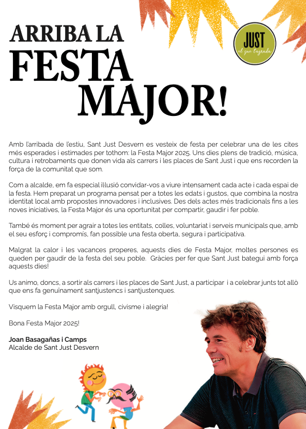 PSC Sant Just (@pscsantjust) on Twitter photo Us animo, doncs, a sortir als carrers i les places de Sant Just, a participar i a celebrar junts tot allò que ens fa genuïnament santjustencs i santjustenques. Visquem la Festa Major amb orgull, civisme i alegria! Bona Festa Major 2025! <a href="/joanbasaganyas/">Joan Basagañas</a> <a href="/ginapol/">Gina Pol Borràs</a> <a href="/GonzalQuima/">Quima Giménez Gonzàl</a> Us animo, doncs, a sortir als carrers i les places de Sant Just, a participar i a celebrar junts tot allò que ens fa genuïnament santjustencs i santjustenques. Visquem la Festa Major amb orgull, civisme i alegria! Bona Festa Major 2025! <a href="/joanbasaganyas/">Joan Basagañas</a> <a href="/ginapol/">Gina Pol Borràs</a> <a href="/GonzalQuima/">Quima Giménez Gonzàl</a>