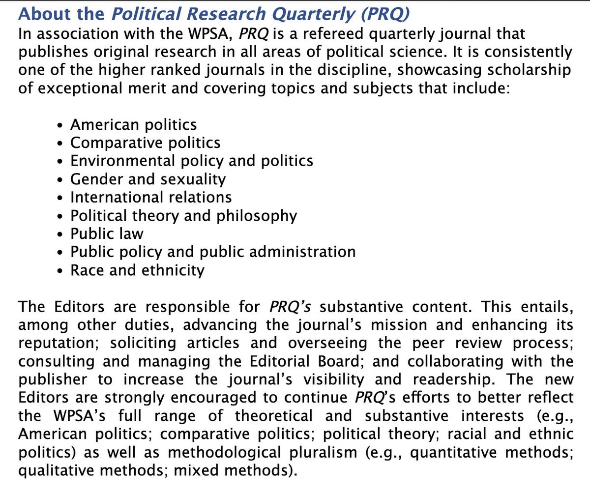 Western Political Science Association - #WPSA23 (@thewpsa) on Twitter photo We are currently seeking nominations of qualified individuals who can edit the journal Political Research Quarterly (PRQ) from July 1, 2026 through June 30, 2030. This four-year term is renewable for a two-year extension. Self-nominations are welcome. We are currently seeking nominations of qualified individuals who can edit the journal Political Research Quarterly (PRQ) from July 1, 2026 through June 30, 2030. This four-year term is renewable for a two-year extension. Self-nominations are welcome.