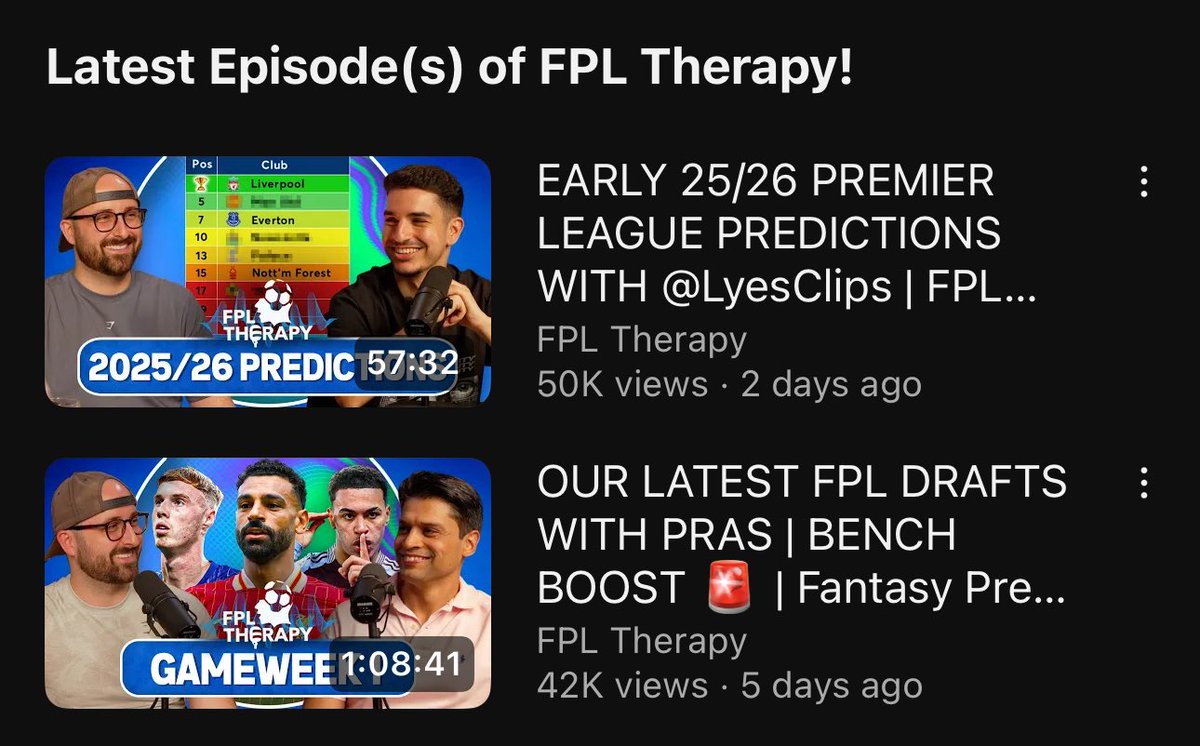 FPL Raptor (Ross) (@fpl__raptor) on Twitter photo Absolutely blown away by the support on the first two episodes of <a href="/FPLTherapy/">FPL Therapy Podcast</a> for the new season 🥹 thank you 🙏🏼
Two unreal guests to start, but don’t worry, even more lined up.
If you’ve not yet checked it out, please do!
🔗 youtube.com/@FPLTherapy Absolutely blown away by the support on the first two episodes of <a href="/FPLTherapy/">FPL Therapy Podcast</a> for the new season 🥹 thank you 🙏🏼
Two unreal guests to start, but don’t worry, even more lined up.
If you’ve not yet checked it out, please do!
🔗 youtube.com/@FPLTherapy
