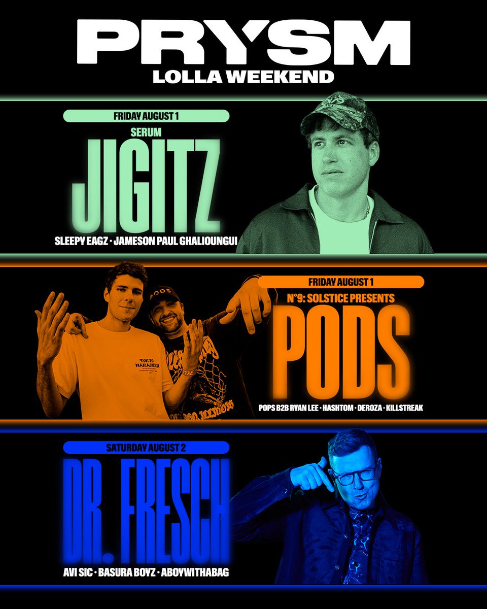 Happy <a href="/lollapalooza/">Lollapalooza</a> weekend, Chicago! 🎉 

Tickets for all our Friday &amp; Saturday afters are on the verge of selling out, so lock yours in before it's too late ⏳

FRIDAY
▫️jigitz in the main room [Official Lolla Afters]
▫️PODS upstairs at N°9

SATURDAY
▫️Dr. Fresch [Official