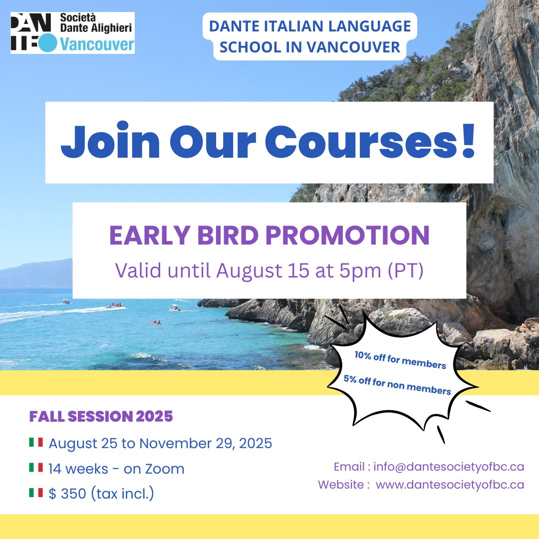 🎉 EARLY BIRD REGISTRATION IS OPEN! 🇮🇹

Join our Italian Fall Session 2025 – ONLINE &amp; for all levels!

⭐ 10% off for Dante members
⭐ 5% off for everyone else

🕔 Promo ends Aug 15 @ 5pm (Vancouver Time)
📚 Learn Italian with us!

🔗 dantesocietybc.ca/italian-langua…

#LearnItalian