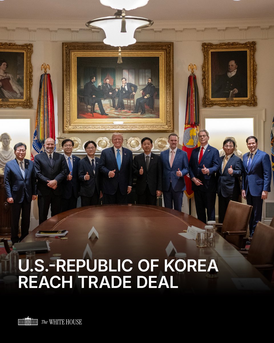 President Trump has secured another historic trade deal with South Korea. 🇺🇸🇰🇷

South Korea will: 
💰 Invest $350 billion in the U.S.
⚡️ Purchase $100 billion in LNG and other energy.
🇺🇸 Completely open trade with no tariffs on American goods.