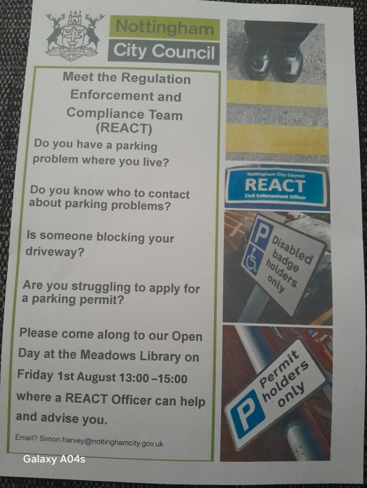 <a href="/REACTNottingham/">R.E.A.C.T Nottingham</a> officers will be attending the Meadows Library tomorrow, 1st August 13:00 15:00. If you have any Parking Issues or Complaints please come along and let us help you.
<a href="/CllrNeghat/">Neghat Khan</a> 
<a href="/MeadowsCllrMike/">Michael Edwards</a>