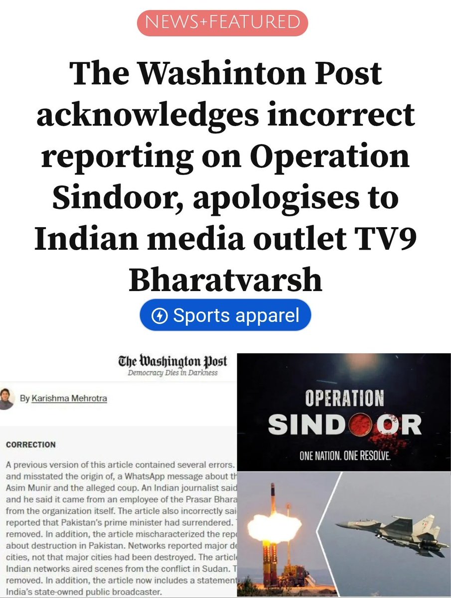 OsintUpdates's tweet image. ⚡ 2 months after damaging India&apos;s image globally, The Washinton Post acknowledges incorrect reporting on Operation Sindoor, apologises to Indian media outlet TV9 Bharatvarsh