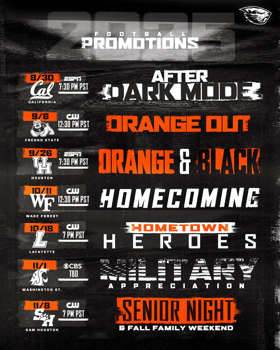 BeaverAthletics's tweet photo. Know your assignments 📝

Your 2025 @BeaverFootball promo schedule. #GoBeavs https://t.co/dkOvfL9K6X