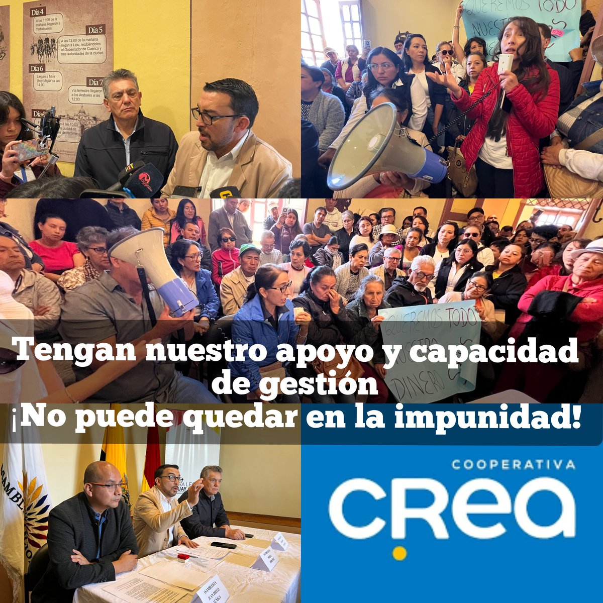 #Cuenca// Tengan nuestro apoyo y capacidad de gestión, los asambleístas por el #Azuay durante la reunión mantenida con los perjudicados de la liquidación forzosa de la Cooperativa #Crea.

¡No puede quedar en la impunidad!