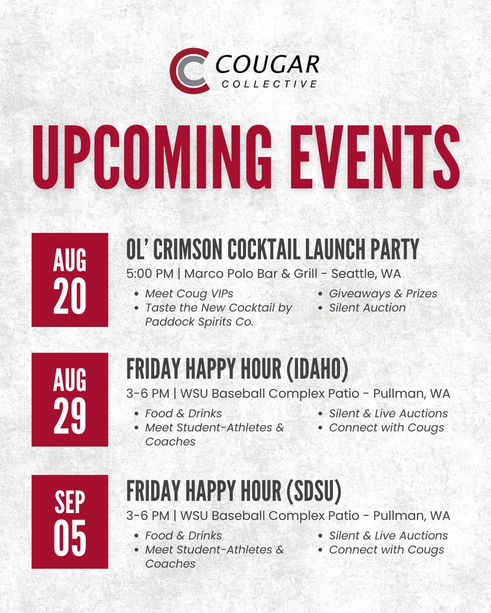 Cougar Collective (@cougcollective) on Twitter photo The countdown to Fall & the start of <a href="/WSUCougars/">Washington State Cougars</a> Athletics is on!
We can't wait to kick off the Fall with some exciting events, new partnerships, and fun ways to continue supporting WSU student-athletes 🎉
Mark your calendars and plan to join us at our upcoming events! We'll The countdown to Fall & the start of <a href="/WSUCougars/">Washington State Cougars</a> Athletics is on!
We can't wait to kick off the Fall with some exciting events, new partnerships, and fun ways to continue supporting WSU student-athletes 🎉
Mark your calendars and plan to join us at our upcoming events! We'll