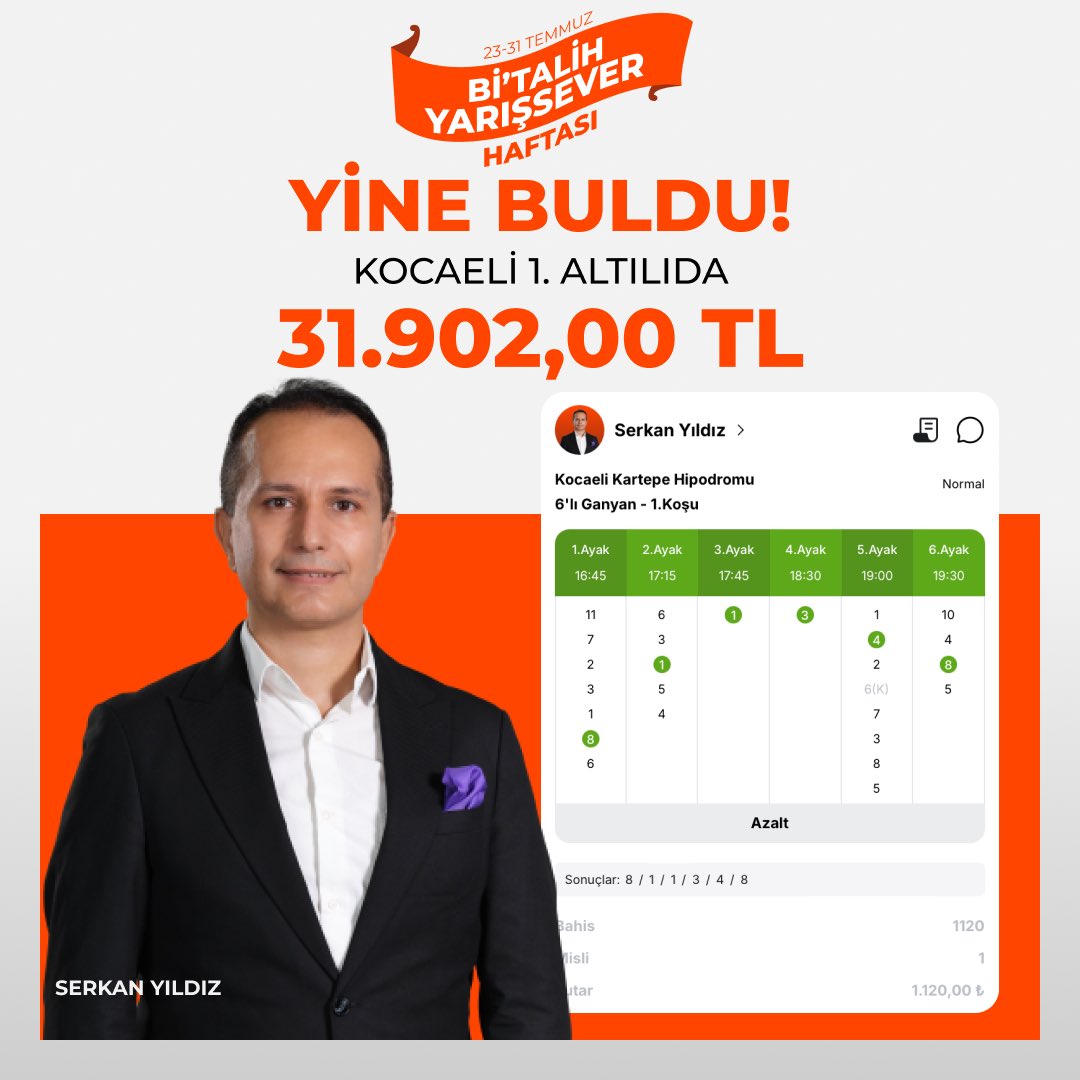 Bitalih (@geldibitalih) on Twitter photo Serkan Yıldız Kocaeli 1. ALTILIDA ŞOV YAPTI! 💪
💰 <a href="/Serkan_crespo/">⭐SERKAN YILDIZ⭐</a> Kocaeli 1. 6'lı Ganyan kuponunu 2 misli tutturarak 31.902,00 TL kazandırdı!
📲 bitalih.go.link/clrhy Serkan Yıldız Kocaeli 1. ALTILIDA ŞOV YAPTI! 💪
💰 <a href="/Serkan_crespo/">⭐SERKAN YILDIZ⭐</a> Kocaeli 1. 6'lı Ganyan kuponunu 2 misli tutturarak 31.902,00 TL kazandırdı!
📲 bitalih.go.link/clrhy