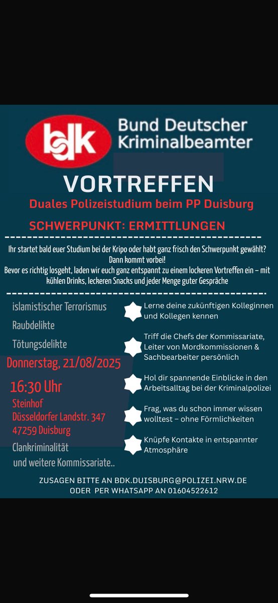 🎓 Du startest bald dein Studium bei der Kripo oder hast gerade frisch den Schwerpunkt Ermittlungen gewählt?
Dann komm zu unserem BDK-Vortreffen am 21.08.2025 um 16:30 Uhr im Steinhoff, Duisburg! 🤝✨