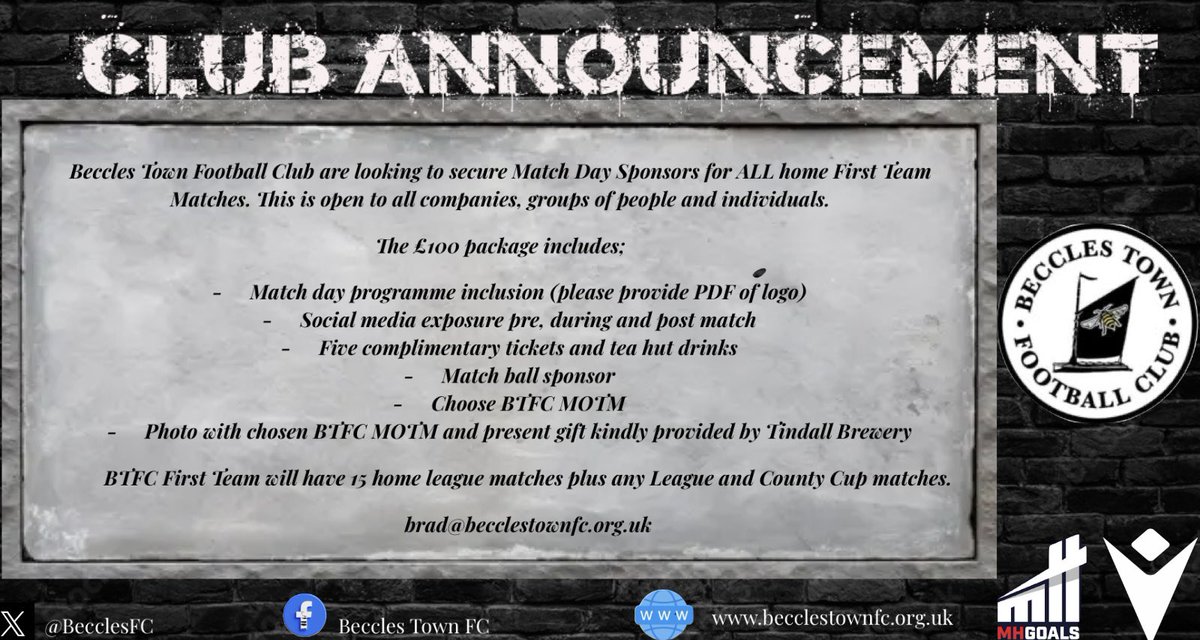 First Team Match Day Sponsorship 25/26 || 

A reminder of our First Team Match Day Sponsorship Package. 

If you are interested, please get in contact. 

Many thanks to <a href="/tindallbrewery/">Tindall Brewery</a> for providing a seasons worth of MOTM prizes. 

#BTFC #OurClub ⚫️⛵️⚪️