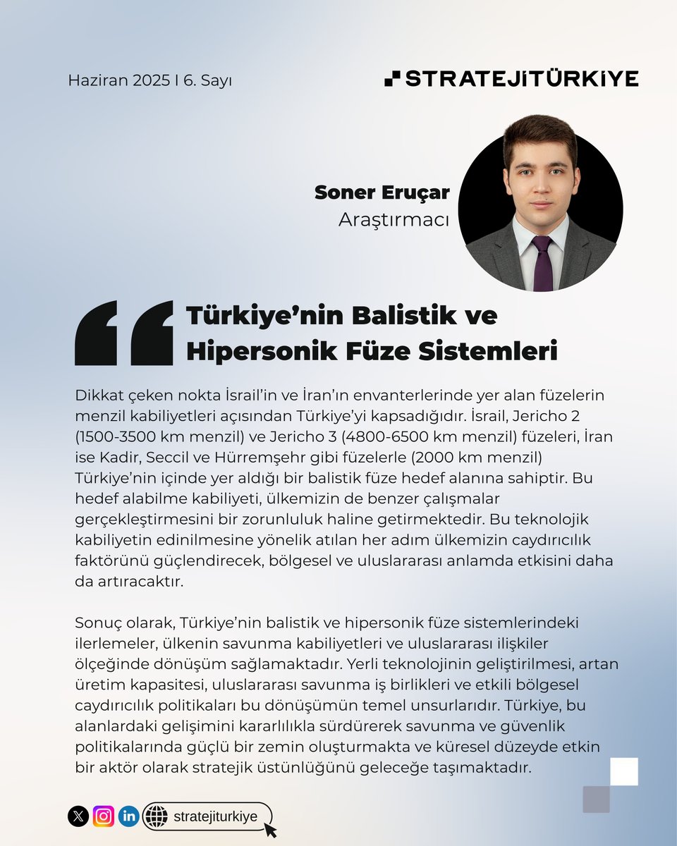 "Türkiye’nin Balistik ve Hipersonik Füze Sistemleri"

🖊️Soner Eruçar, kaleme aldı.

stratejiturkiye.com/gorus/turkiyen…