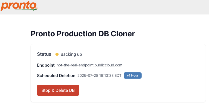 nateberkopec's tweet photo. I wish everyone had this tool that my clients Pronto built: temporarily set up a production db copy.

They take a snapshot of prod every day. This page allows a dev to start a new db instance, same size, same data. Fire up psql and test all the indexes you want w/o fear. https://t.co/QHfDin4Mvd
