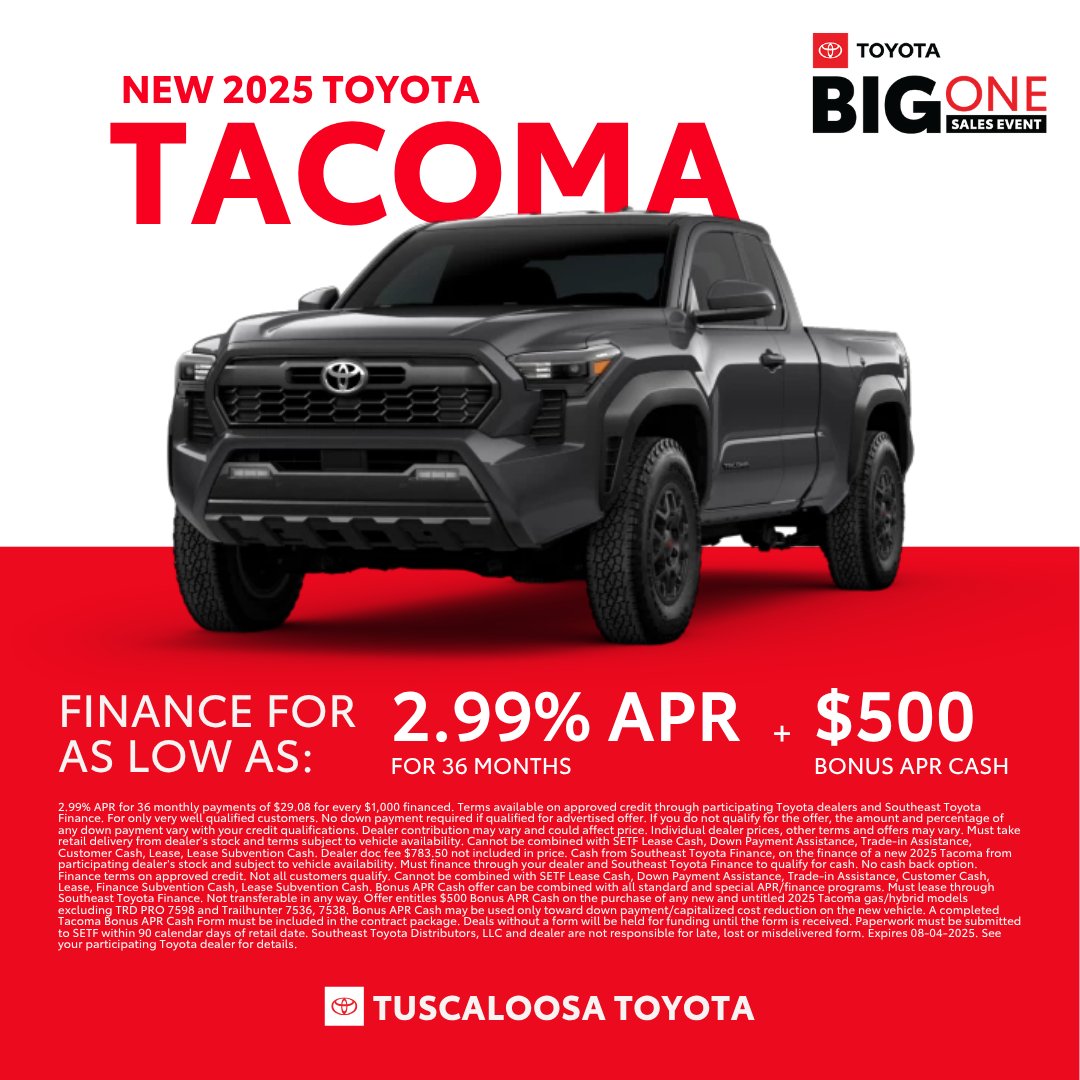 🚗 Time is running out! The Big One Sales Event at Tuscaloosa Toyota is coming to an end on August 4th.

📞 (205) 553-3325
📍3325 Skyland Blvd E, Tuscaloosa, AL 35405
💻 birdeye.cx/74nx35

#TuscaloosaToyota #Toyota #ToyotaDeals #CarShopping #Alabama #TuscaloosaAL