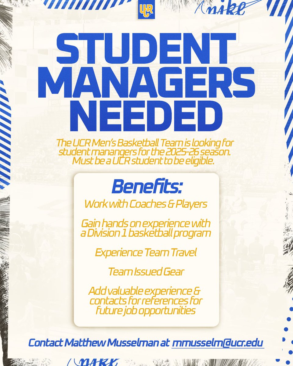 🚨Attention current UC Riverside students! We are looking to add student managers for our Men’s Basketball Program for the 2025-26 season. Please reach out to <a href="/Matthewmuss_13/">matthewmuss</a> for more information. #GoHighlanders 🚨