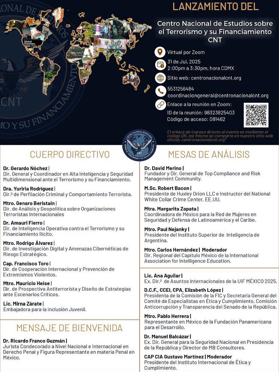 Les hacemos una cordial invitación al Lanzamiento del Centro Nacional de Estudios sobre el Terrorismo y su Financiamiento (CNT) evento en el cual nuestro Director y Fundador General, el Dr. David Merino participará en una de las mesas de análisis.

🌐 centronacionalcnt.org