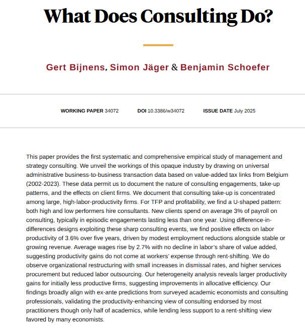 nberpubs's tweet image. Studying what management consulting does by using direct empirical evidence from the universe of business-to-business data in Belgium, from Gert Bijnens, @simon_jaeger, and @Schoefer_B nber.org/papers/w34072