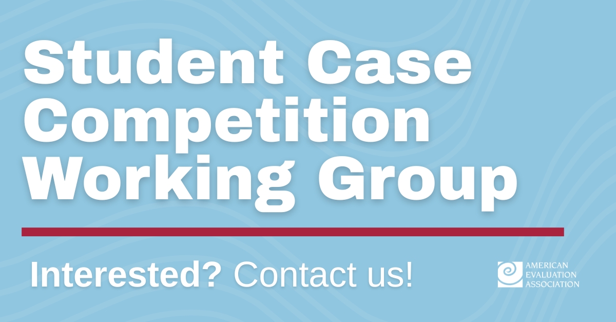 Evaluation Headlines (@aeaweb) on Twitter photo If you'd like to participate in the Student Case Competition Working Group, know an organization that would be a great candidate for an upcoming case, or would like to serve as a judge next year, email scc@eval.org! Info about next year’s competition will be shared in 2026. If you'd like to participate in the Student Case Competition Working Group, know an organization that would be a great candidate for an upcoming case, or would like to serve as a judge next year, email scc@eval.org! Info about next year’s competition will be shared in 2026.